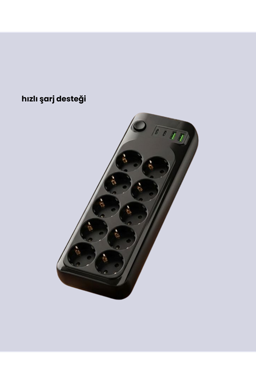 Termal Akım Korumalı 10’lu Grup Priz USB Type-C Hızlı Şarj 2500W 2m Kablo