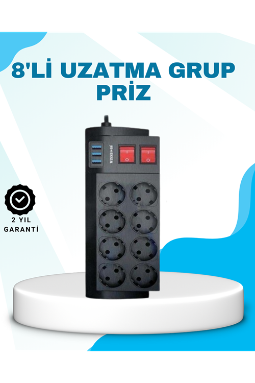 Isıya Dayanıklı Termal Akım Korumalı 8'li Priz ve 3 USB Girişli Uzatma Kablosu
