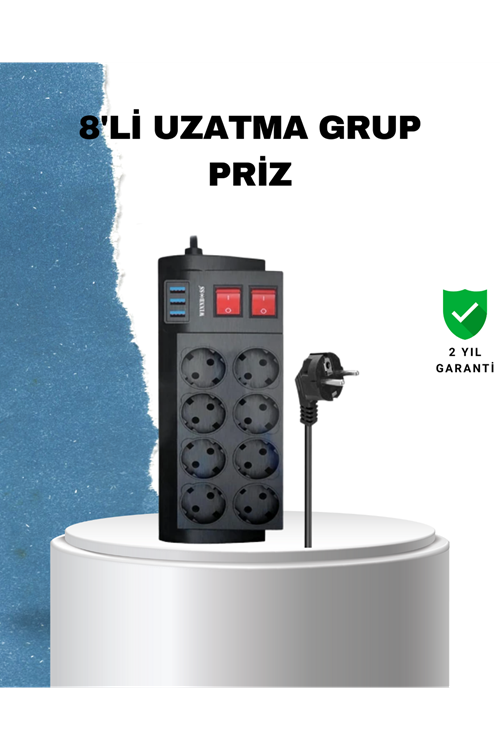 2 Metre Güçlü Çoklu Priz 8 Soket