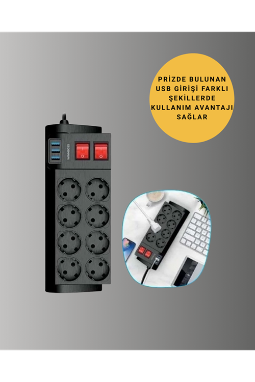 Termal Korumalı 8 Prizli 3 USB’li Uzatma Kablosu