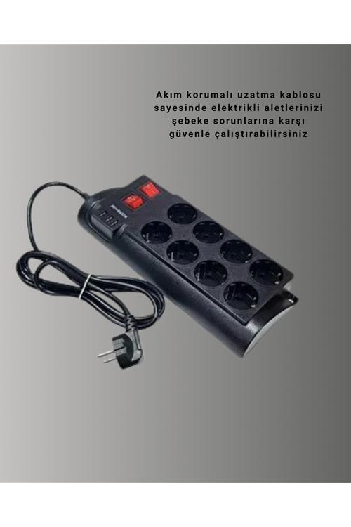 Termal Korumalı 8 Prizli 3 USB’li Uzatma Kablosu