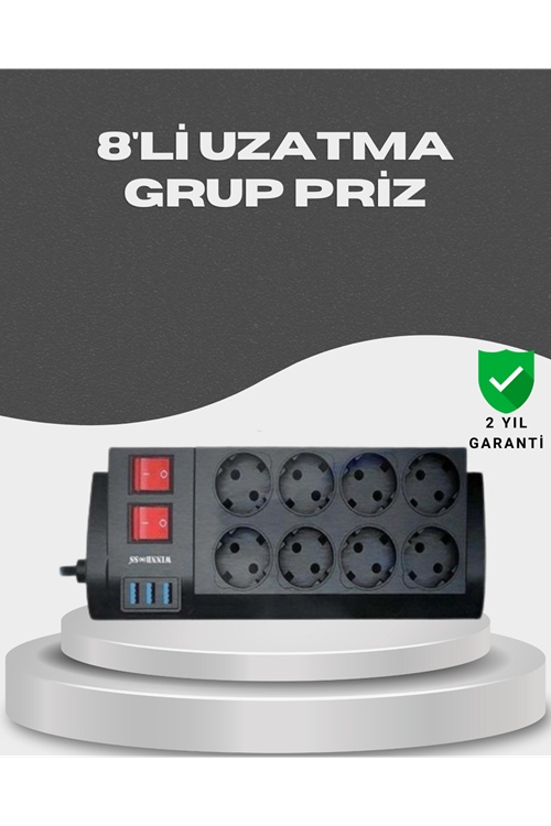 Akım Korumalı 8’li Priz 3 USB’li Uzatma Kablosu Isıya Dayanıklı 2 Metre