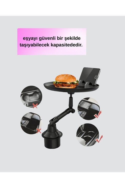 Universal Araç İçi Bardaklık Tepsisi 9 İnç Yemek Alanı ve Telefon Standlı