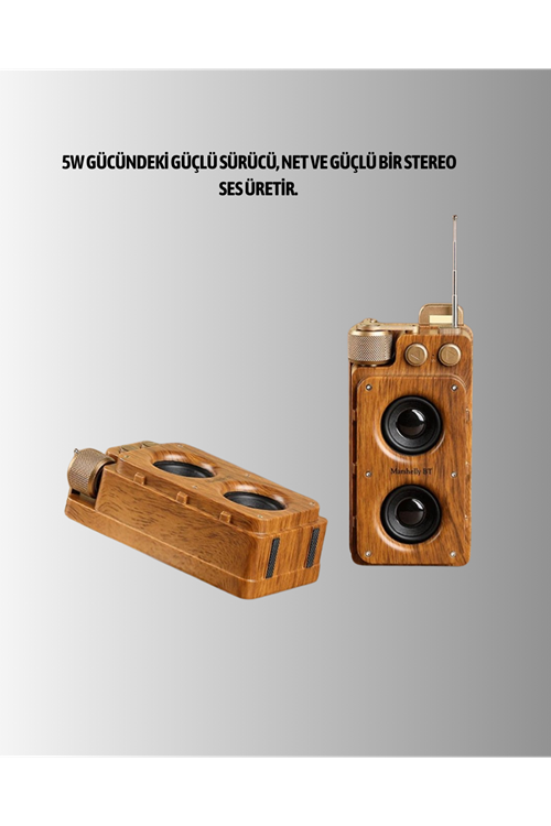Retro Bluetooth Hoparlör Ahşap Görünümlü 5W Çift Stereo Ses