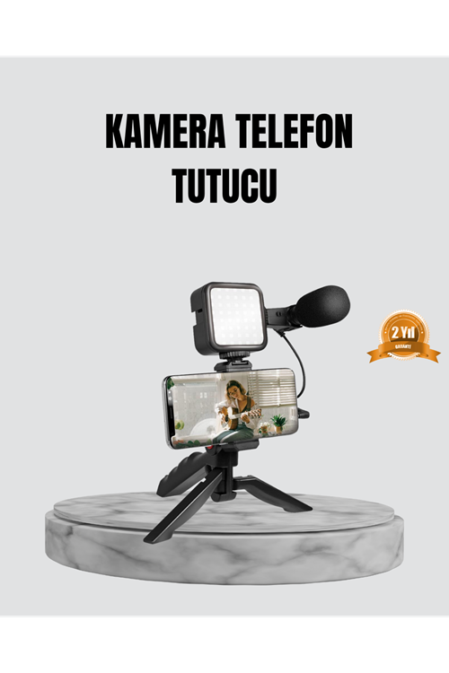 Telefon Video Çekim Kiti LED Aydınlatma Mikrofon Tripodlu Tam Set