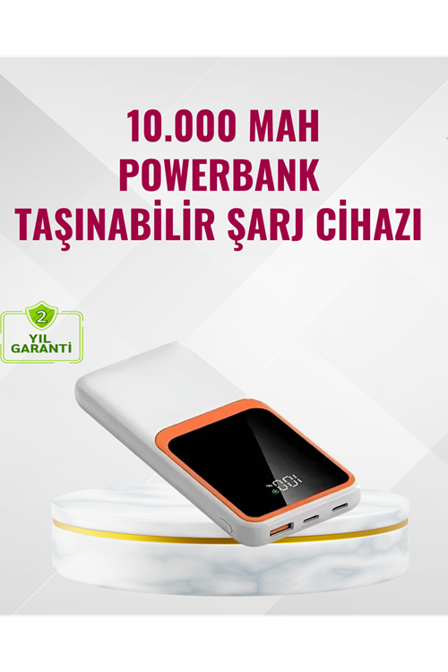 Powerbank 10000 mAh – Çift USB Çıkışlı, Type-C Girişli, Şık Beyaz Tasarım
