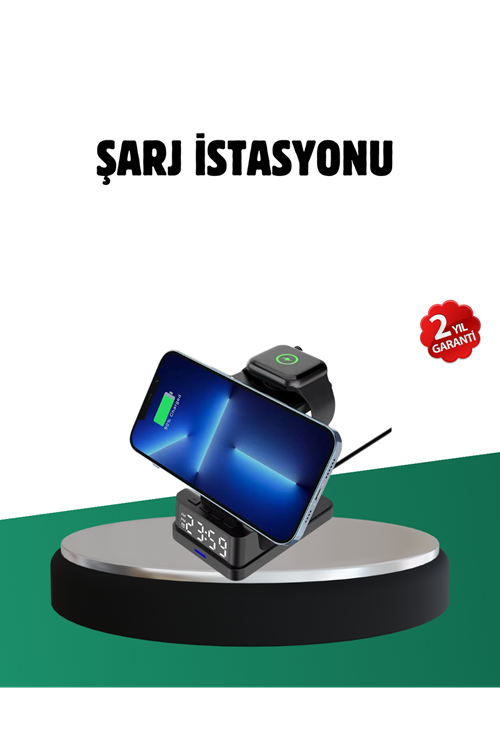 Kablosuz Şarjlı Dijital Masa Saati – 3 Parlaklık Seviyeli LED, Hızlı Şarj, Apple Uyumlu