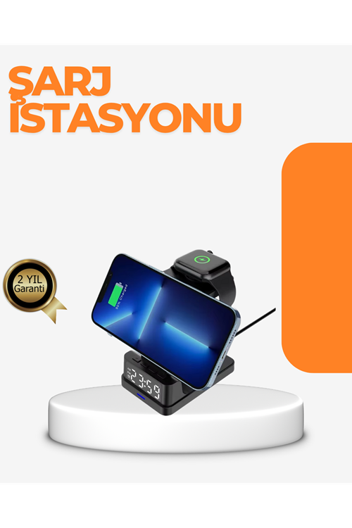4’ü 1 Arada Kablosuz Şarj İstasyonu – LED Saat Ekranlı, Apple Uyumlu, Akıllı Güvenlik Koruması