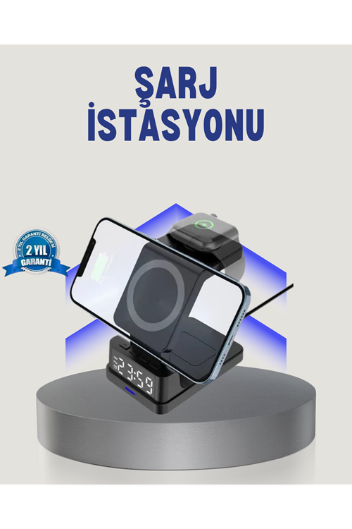 Kablosuz Şarj Cihazı ve Dijital Saat – 4’ü 1 Arada Hızlı Şarj, Apple Uyumlu, LED Işıklı Tasarım