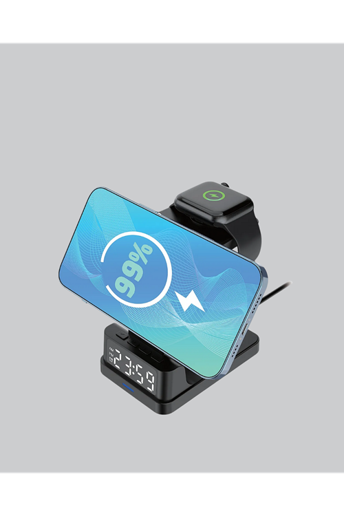 Kablosuz Şarj Cihazı ve Dijital Saat – 4’ü 1 Arada Hızlı Şarj, Apple Uyumlu, LED Işıklı Tasarım