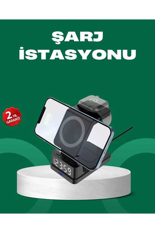 Dijital Saatli Kablosuz Şarj İstasyonu – 3’ü 1 Arada Apple Uyumlu Hızlı Şarj ve LED Ekran
