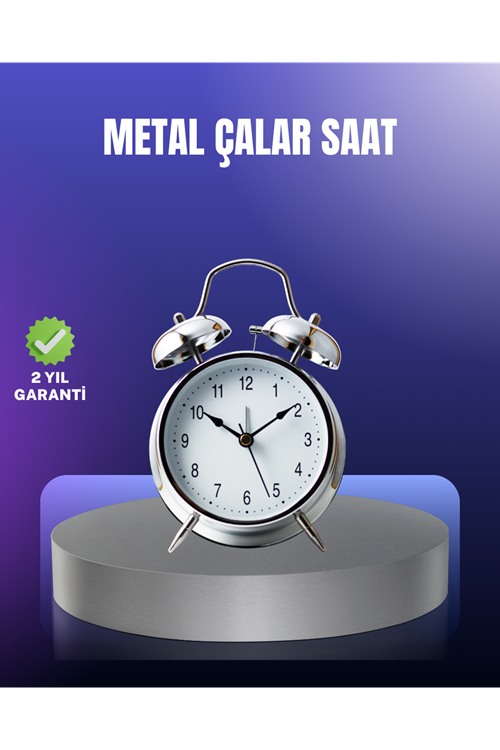 Yuvarlak Gümüş Dekoratif Işıklı Masa Üstü Saat Alarmlı Sessiz Çalışma