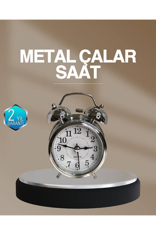Dekoratif Yuvarlak Gümüş Sessiz Işıklı Masa Üstü Çalar Saat Alarmlı ve Şık Tasarım