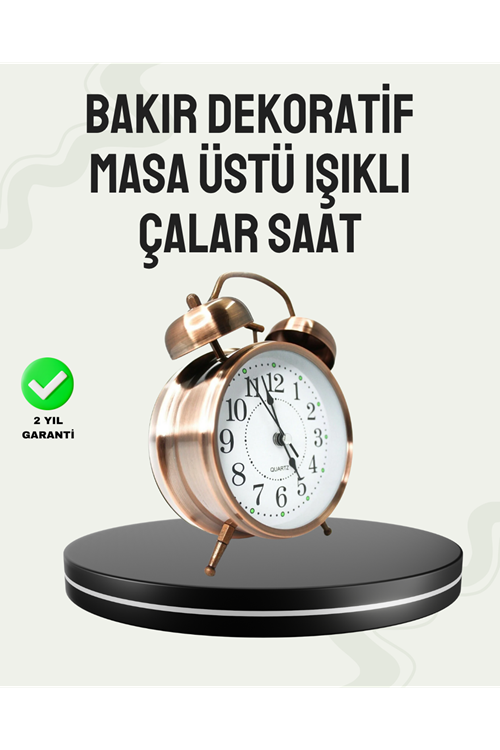 Nostaljik Büyük Boy Metal Masa Saati Bronz Kaplama ve Yüksek Sesli Alarm