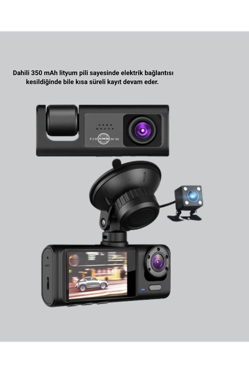 Üç Kameralı Araç DVR Full HD Gece Görüşlü ve 2 inç IPS Ekranlı