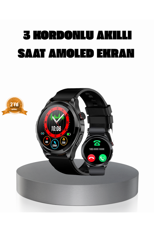 AMOLED Ekranlı Smartwatch – 3 Kordonlu, Kalp Atış & Uyku Takipli Akıllı Saat
