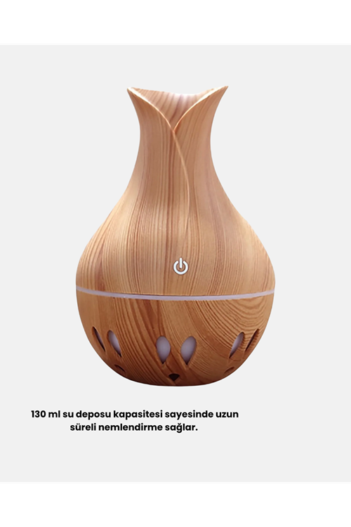 Ahşap Desenli Aromaterapi Difüzör 130 ml Ultrasonik ve 7 Renk LED Işıklı