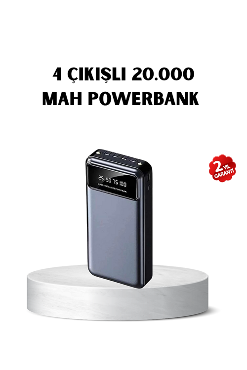 Powerbank 20000 mAh Hızlı Şarjlı LED Fenerli ve 4 Portlu