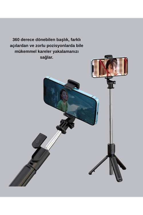 Kablosuz Bluetooth Selfie Çubuğu – 360° Dönebilir Başlık, Taşınabilir ve Şık Tasarım