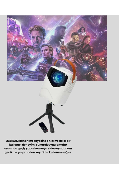 Mini Akıllı Projektör – 1080P Full HD, 64GB Depolama, 2GB RAM, Uzaktan Kumanda Destekli