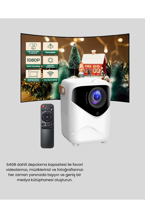 Mini Akıllı Projektör – 1080P Full HD, 64GB Depolama, 2GB RAM, Uzaktan Kumanda Destekli