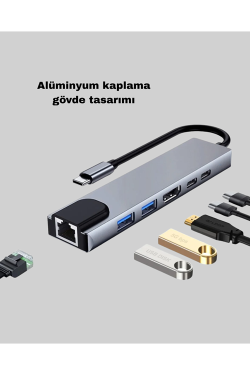 Type-C Çoklu Dönüştürücü – Alüminyum Gövde, Hızlı Veri Aktarımı ve Şarj Desteği