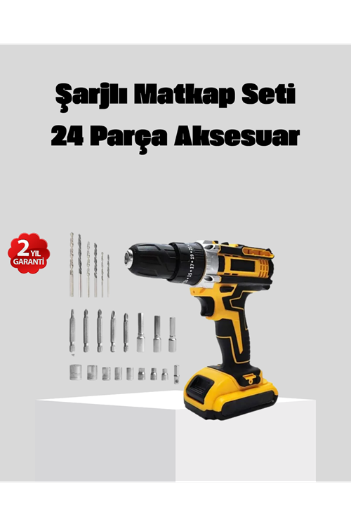 24 Parça Çift Bataryalı Akülü Darbeli Matkap – Güçlü Motor, Metal Dişli, LED Işıklı