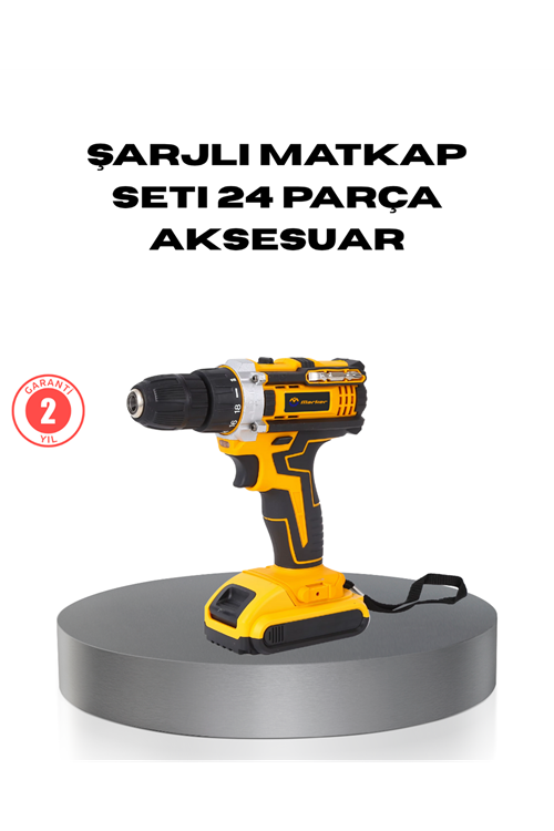 Çift Bataryalı Darbeli Şarjlı Matkap Seti – Metal Dişli, 24 Parça Aksesuar ve LED Işıklı