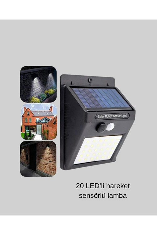 20 LED Güneş Paneli Aydınlatma – Fotoselli ve Hareket Algılamalı Dış Mekan Duvar Lambası