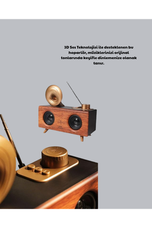 Nostaljik Gramofon Bluetooth Hoparlör – FM Radyo + USB + SD Kart Destekli