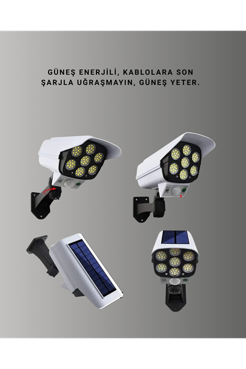 Güneş Enerjili LED Lamba + Güvenlik Kamerası Görünümlü– 5-8 m Hareket Algılamalı, Beyaz Işık