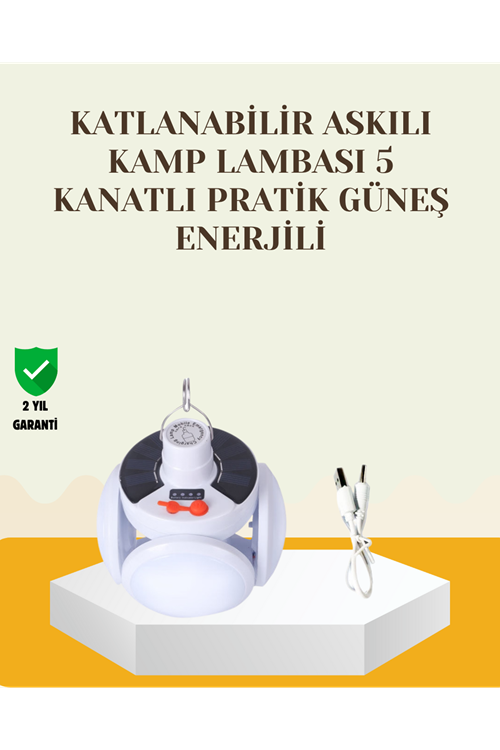 Güneş Paneliyle Şarj Olan Katlanabilir LED Çadır Lambası – 5 Kademeli Aydınlatma