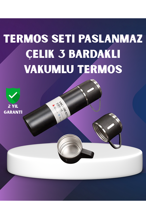 Paslanmaz Termos ve İkili Bardak Seti | 6-12 Saat Sıcak/Soğuk Tutma