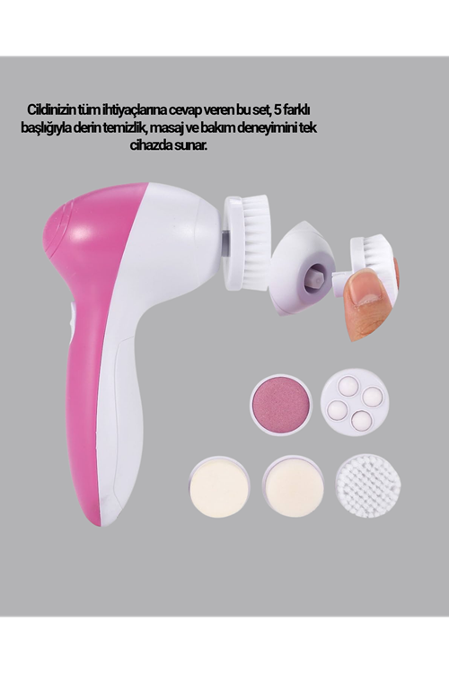 5’i 1 Arada Yüz Temizleme Cihazı – Masaj, Fırça, Peeling ve Krem Uygulama Aparatlı