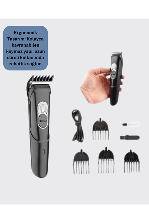 Sessiz Motorlu, Kablosuz Kullanımlı Şarjlı Saç ve Sakal Kesme Makinesi – Taraklı Set