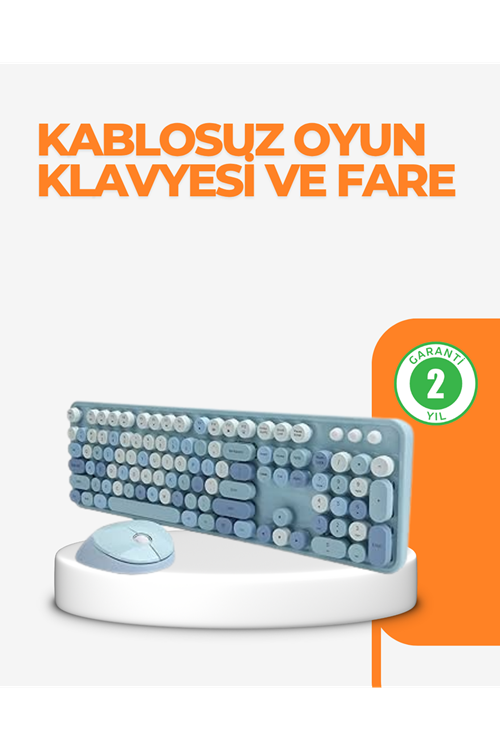 Kablosuz Retro Klavye ve Mouse Seti – 104 Tuşlu Sevimli Tasarım