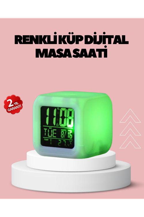 Kronometre ve Takvim Destekli Renk Değiştiren LED Dijital Küp Saat