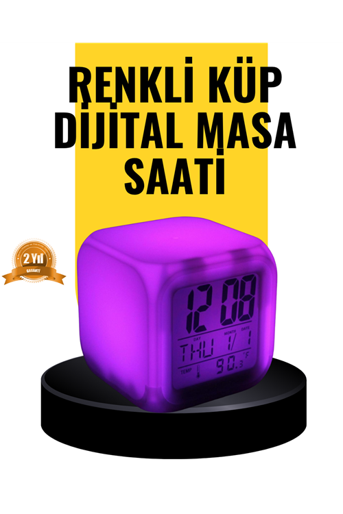 7 Renk LED Işıklı Alarmlı Dijital Küp Masa Saati Termometreli