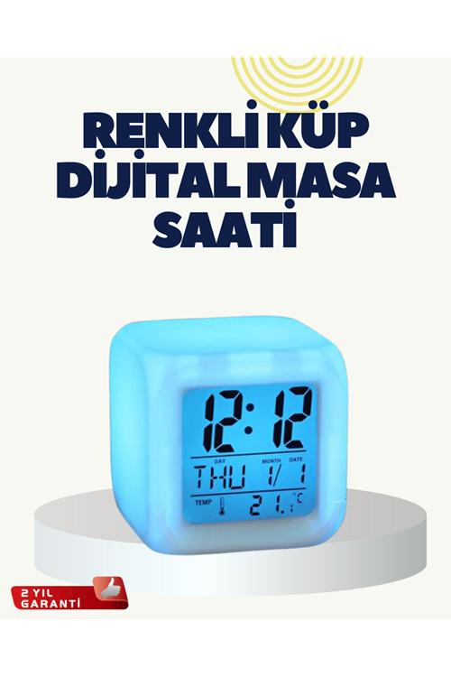 Termometre ve Takvim Özellikli 7 Renk Değiştiren Küp Alarm Saati