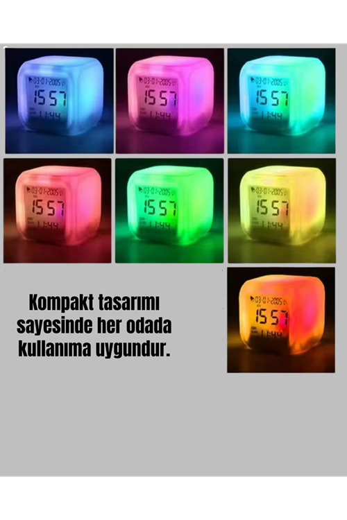 Termometre ve Takvim Özellikli 7 Renk Değiştiren Küp Alarm Saati