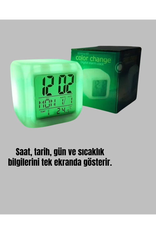Termometre ve Takvim Özellikli 7 Renk Değiştiren Küp Alarm Saati