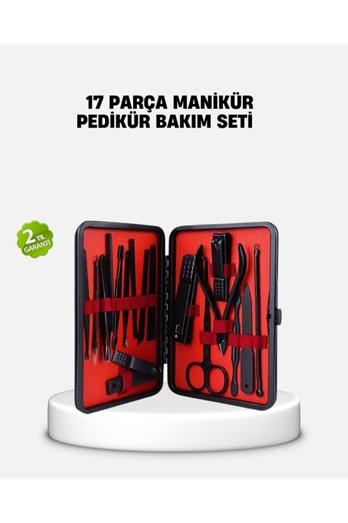 17 Parça Profesyonel Manikür Pedikür Seti Paslanmaz Çelik Siyah Kutu