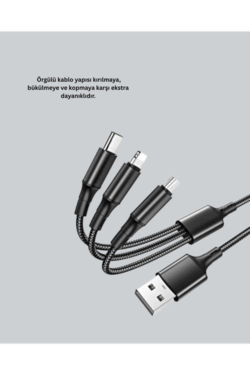 3’ü 1 Arada Hızlı Şarj Kablosu – iOS Android Type-C Uyumlu