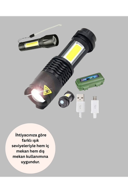 4 Modlu USB Şarjlı LED El Feneri Kamp ve Outdoor