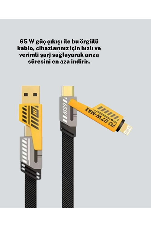 Hızlı Şarj Destekli 65W Örgülü USB-C ve USB-A Çoklu Şarj Kablosu