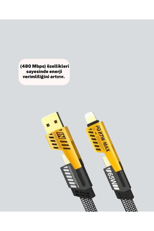 Hızlı Şarj Destekli 65W Örgülü USB-C ve USB-A Çoklu Şarj Kablosu