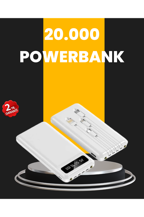 LED Işıklı 20.000mAh Powerbank LCD Gösterge Dahili Çoklu Kablo