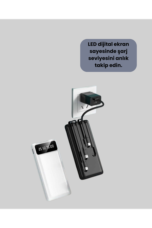20.000mAh PD Powerbank LED Işık LCD Ekran Dahili Kablo Çoklu Giriş