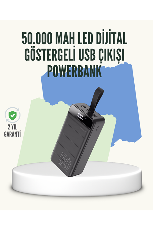 Yüksek Kapasiteli 50.000 mAh Powerbank – Type-C, Lightning ve Micro USB Uyumlu, Çoklu Cihaz Şarj Özellikli