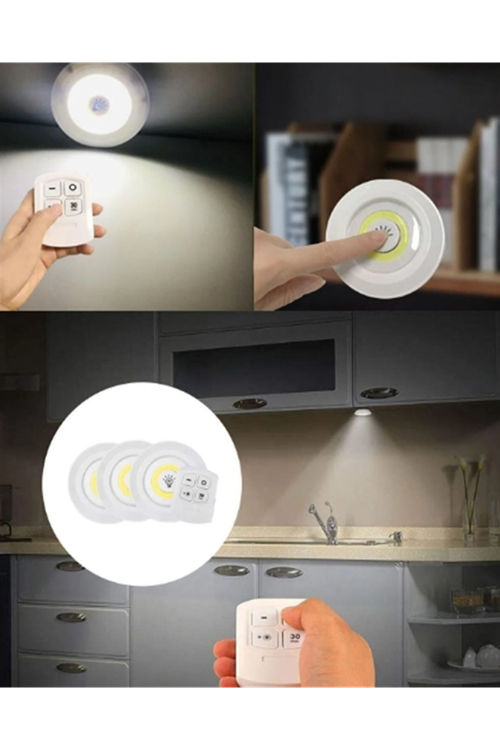 Uzaktan Kumandalı 3 Lü Kablosuz Led Spot Lamba Seti Yapışkanlı Pratik Kullanım